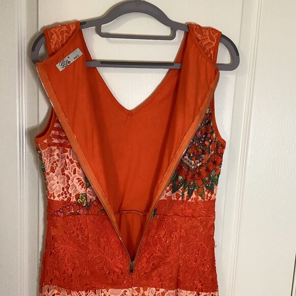 G L Women's Crochet Sleeveless Dress Orange Floral Fully Lined Colorful Tropical - Picture 6 of 9